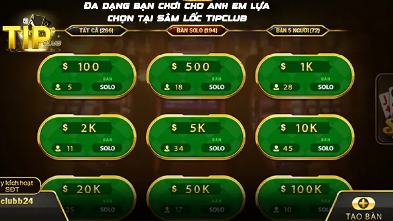 Đa dạng bạn chơi cho anh em lựa chọn tại Sâm Lốc TipClub