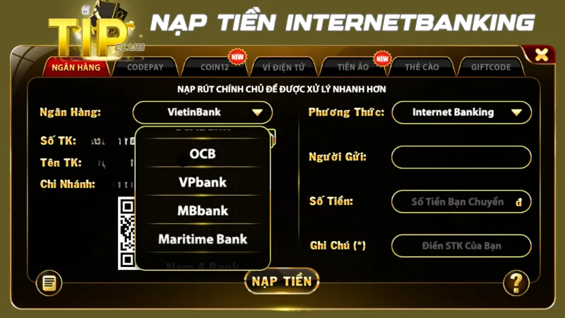 Nạp tiền theo quy trình nạp rút TipClub qua internet banking